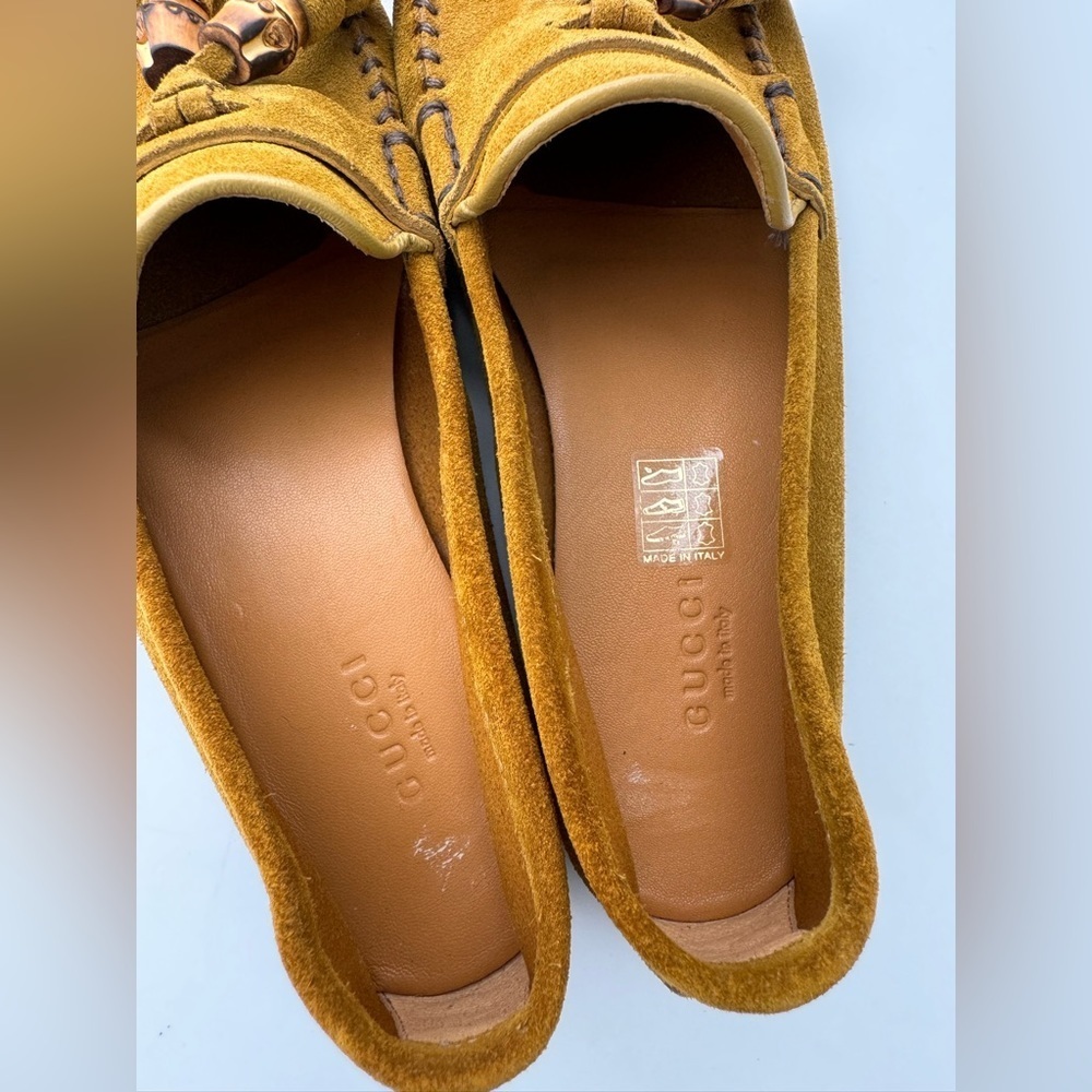 Authentic Gucci Mustard Suede Bamboo Tassel Loafers Flats Size 37.5 US 7.5 - Picture 6 of 8